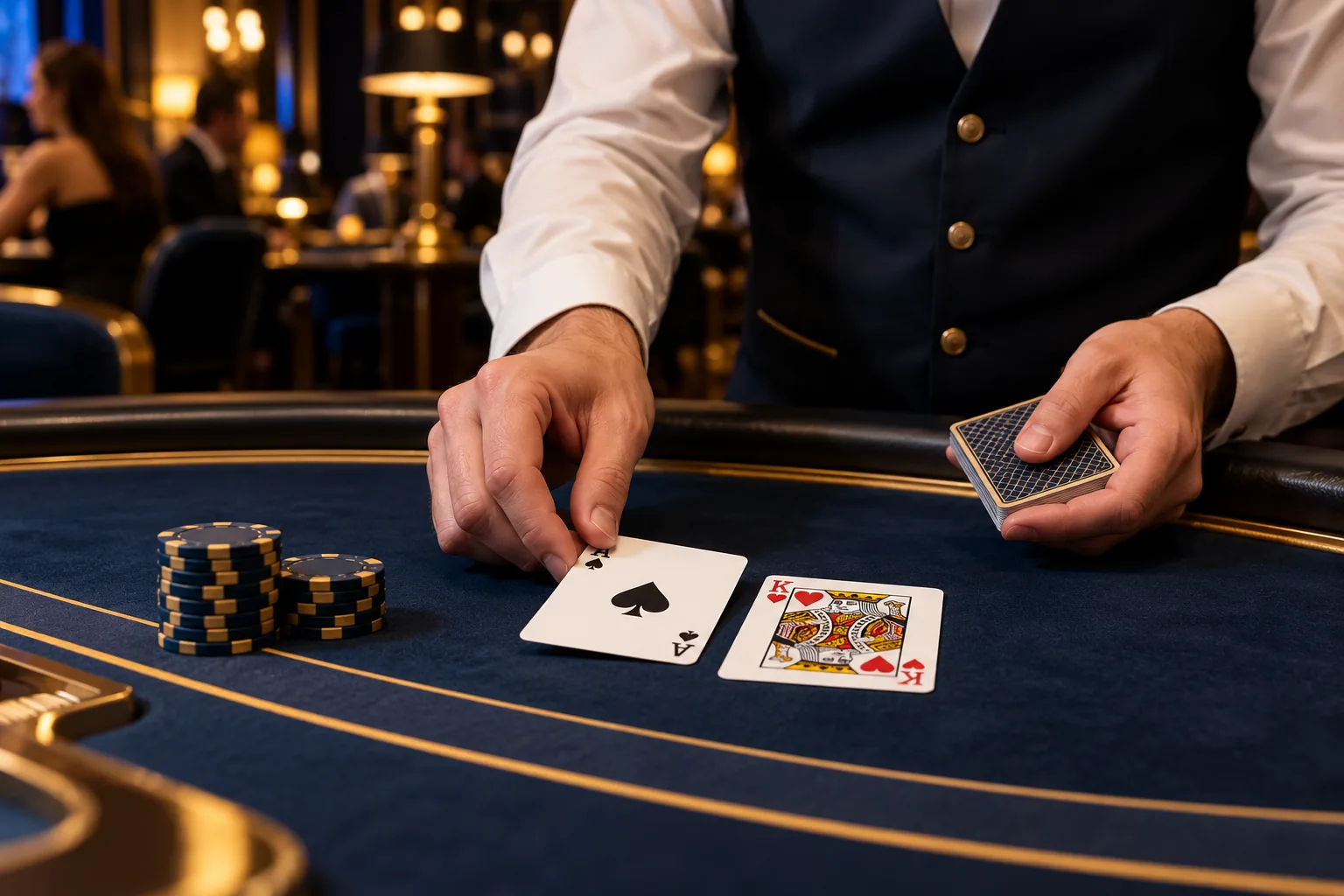 Dealer dealing cards at a navy blackjack table